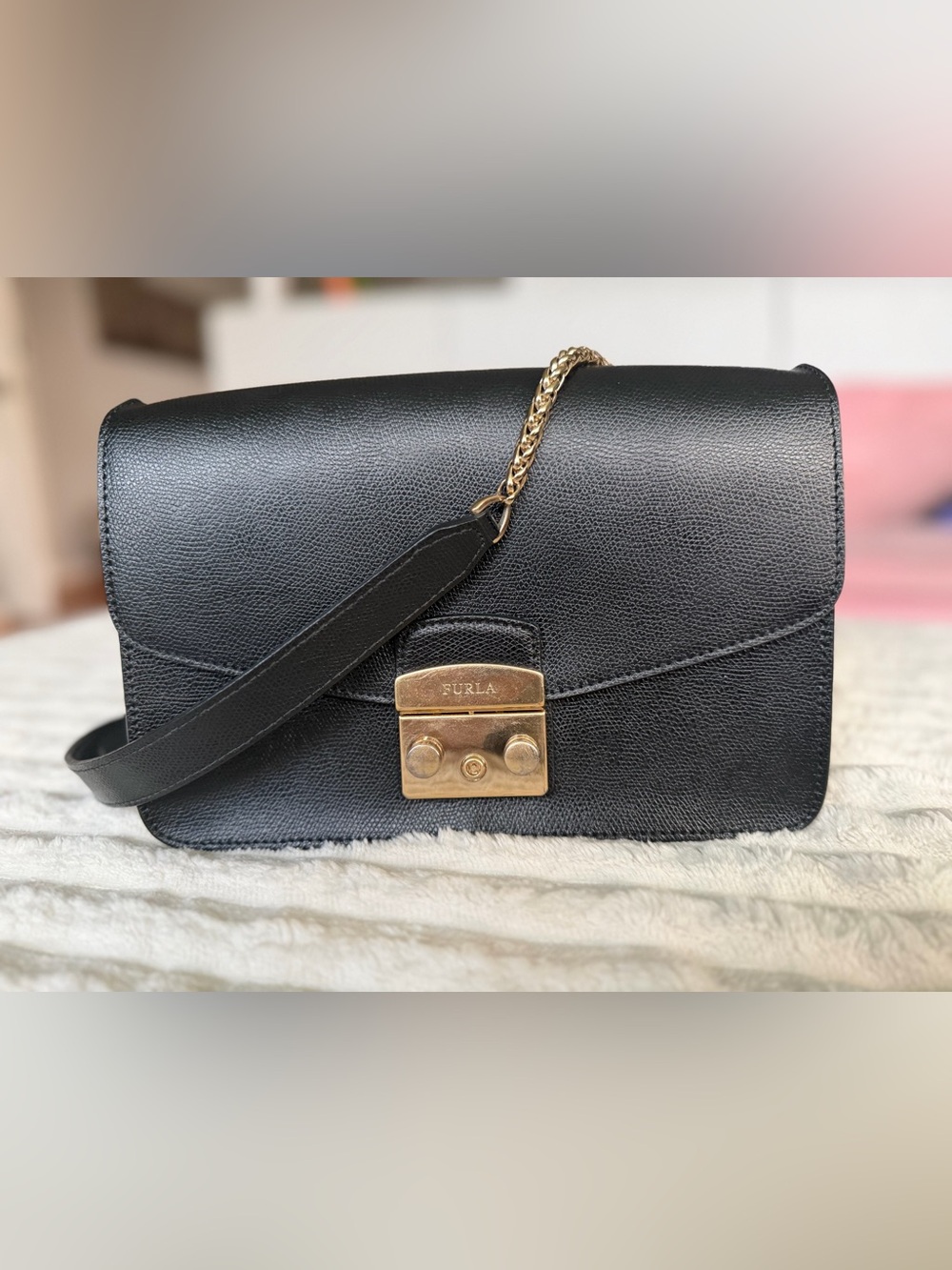 Furla Black Leather Crossbody with Gold Chain and Push-Lock